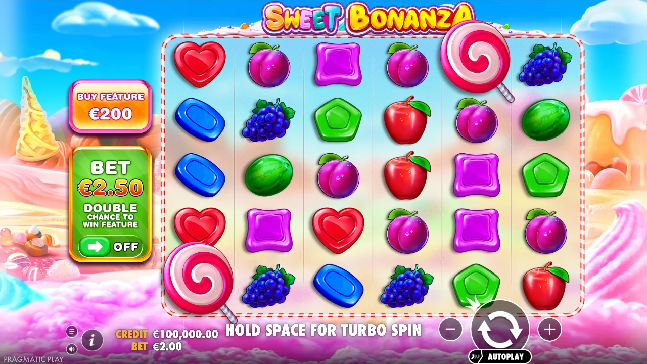 Sweet Bonanza slot game interface showing the 6x5 grid with candy symbols, bet controls and spin button