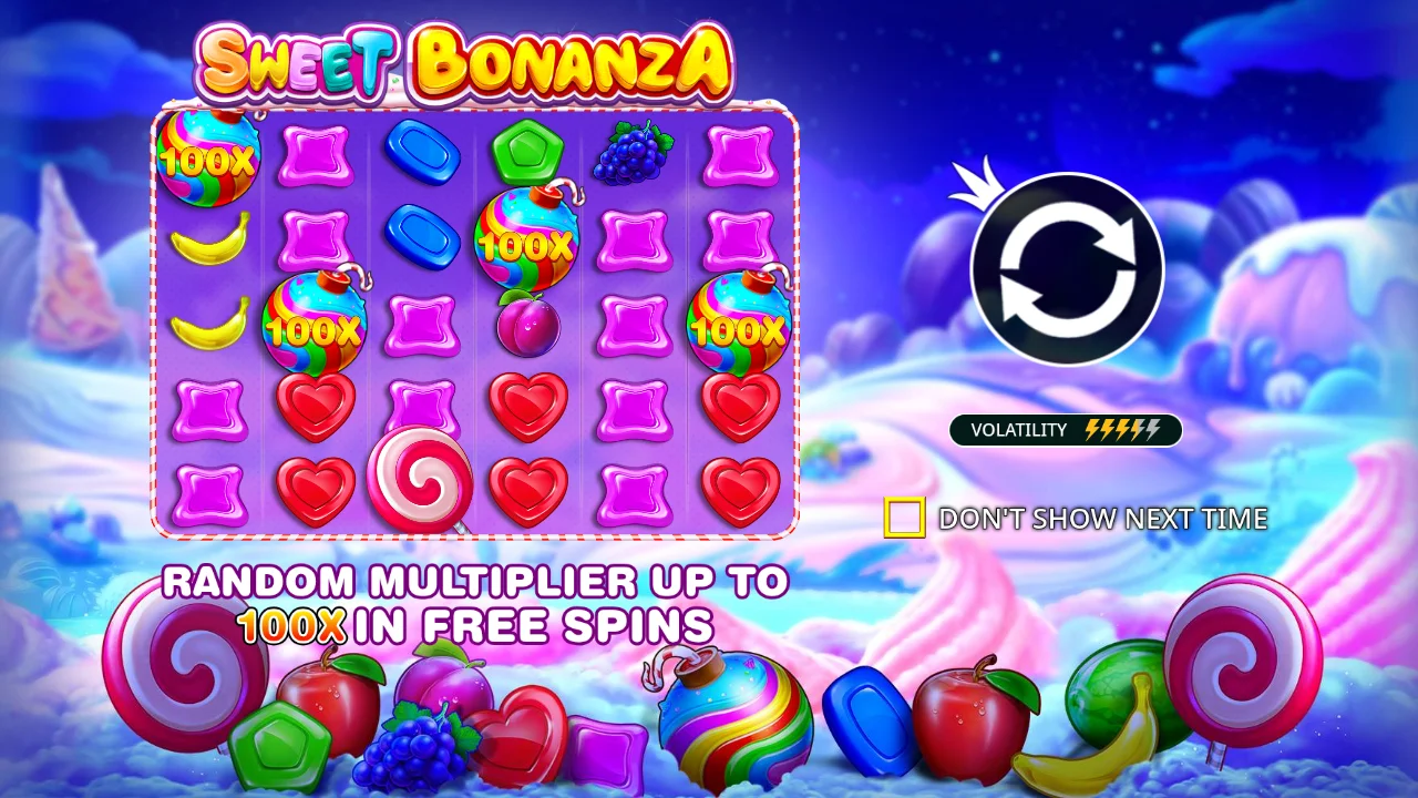 Sweet Bonanza feature preview showing random multipliers up to 100x during free spins on the 6x5 grid